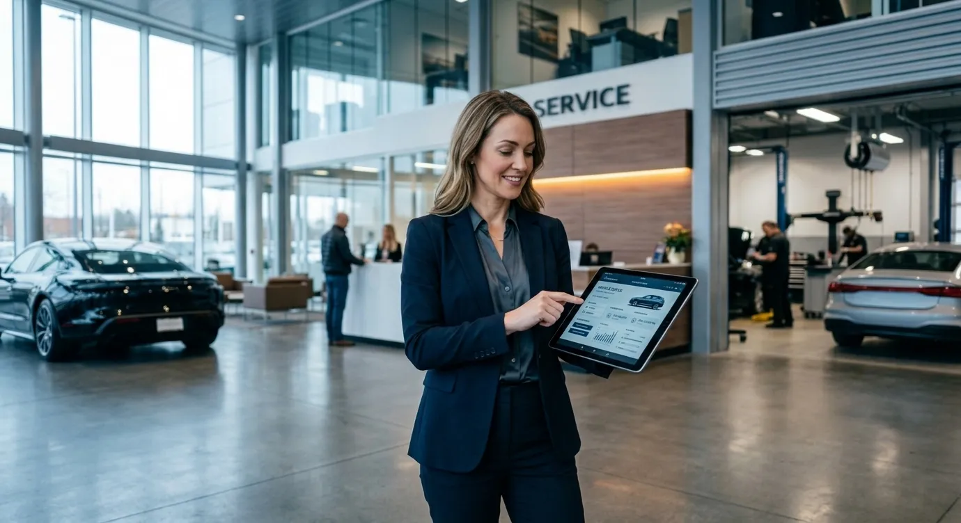 Serviceberaterin im Autohaus prüft einen Schadenfall am Tablet