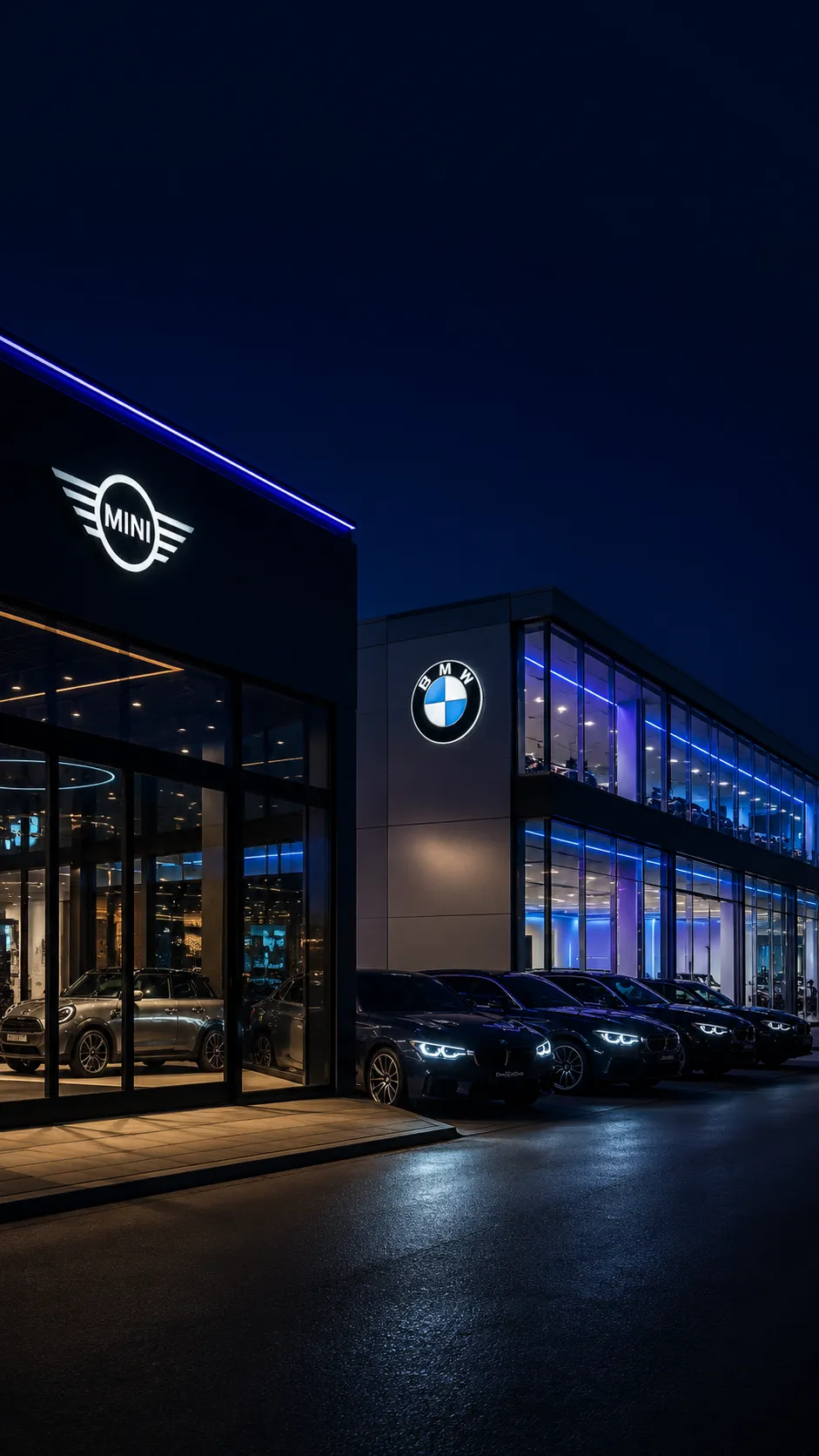 BMW- und MINI-Autohaus bei Nacht, blau beleuchtet