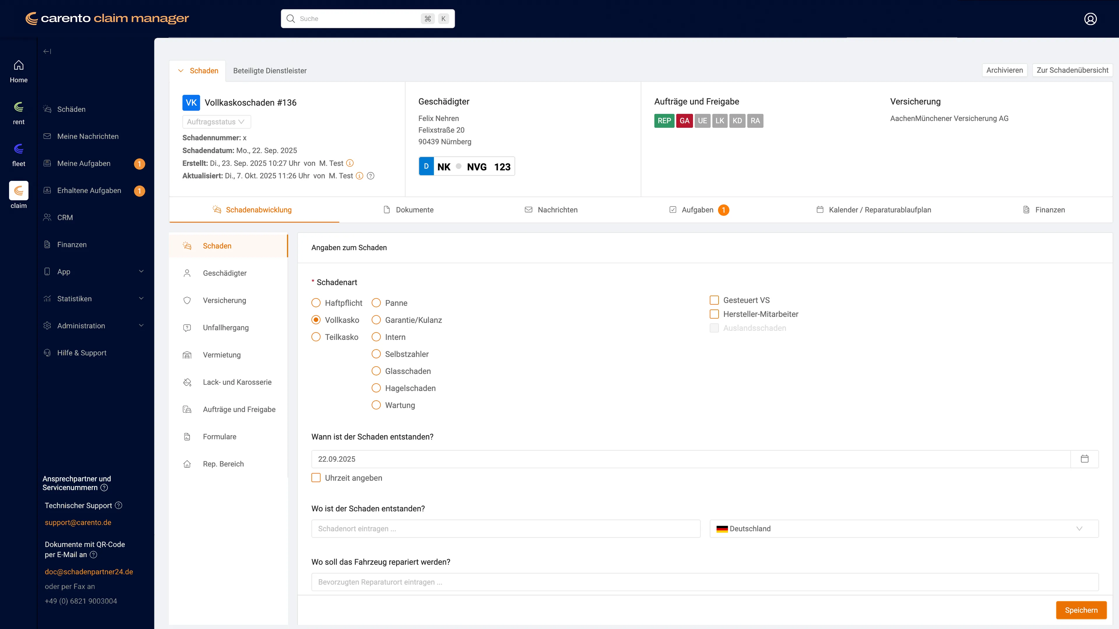 Digitale Schadenakte im carento claim manager mit Fahrzeugdaten, Dokumenten und Kommunikationsverlauf