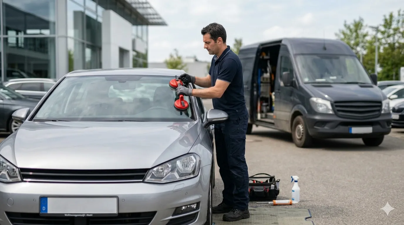 Visualisierung des Windschutzscheiben-Service: mobiler Techniker tauscht vor Ort eine Windschutzscheibe und kalibriert die Fahrerassistenzsysteme