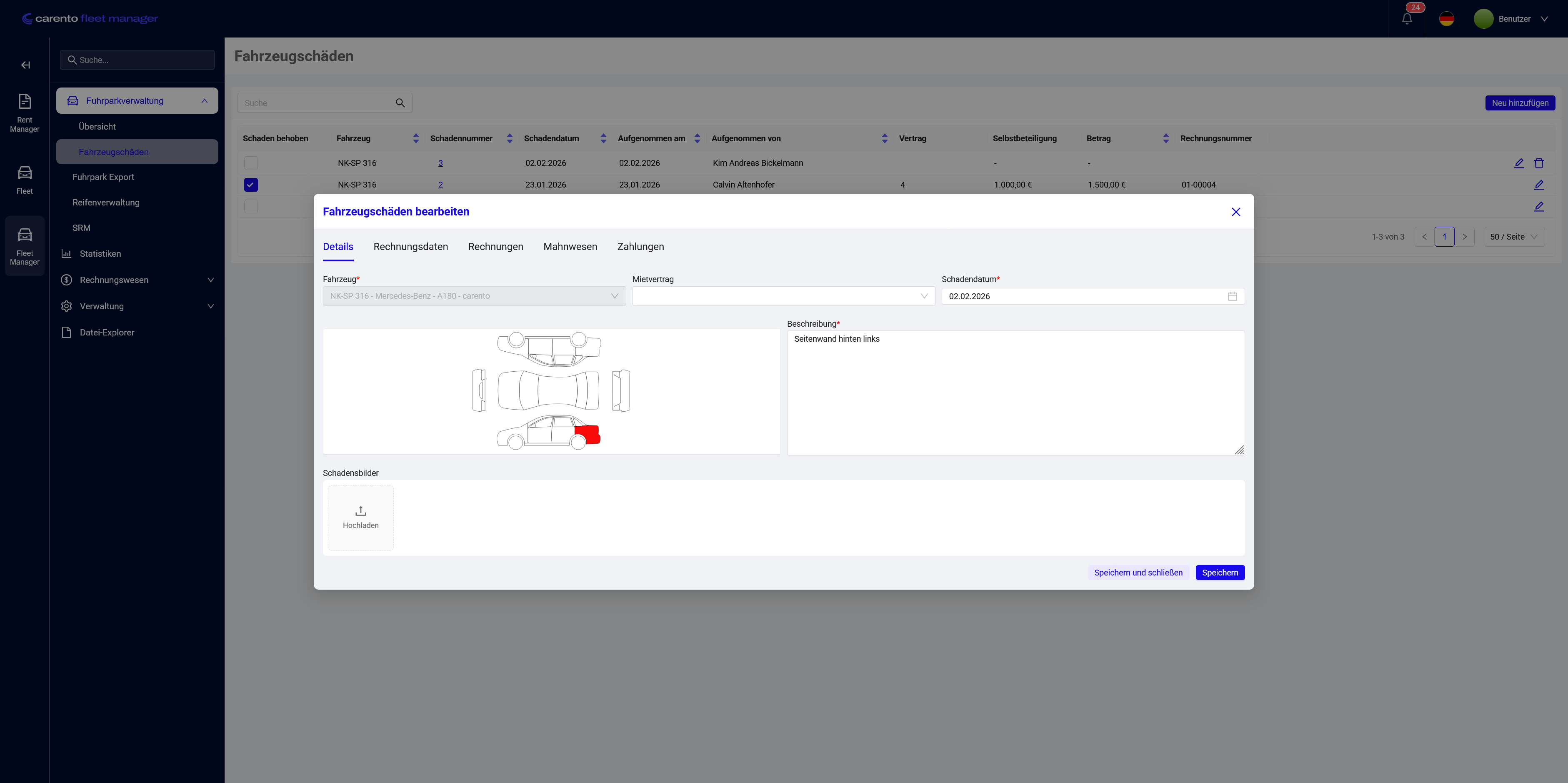 Schadenerfassung im carento fleet manager mit Fahrzeugskizze und Schadendetails